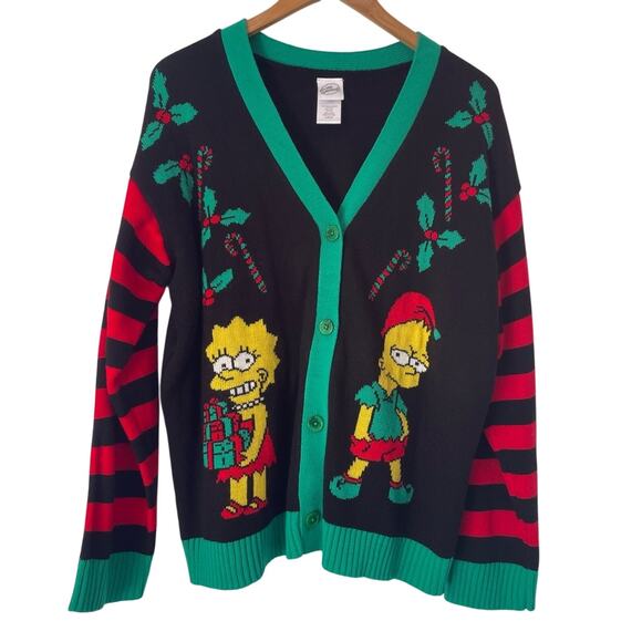 Simpson’s Christmas Sweater Striped Black and Red & Green Sweater - Picture 1 of 6